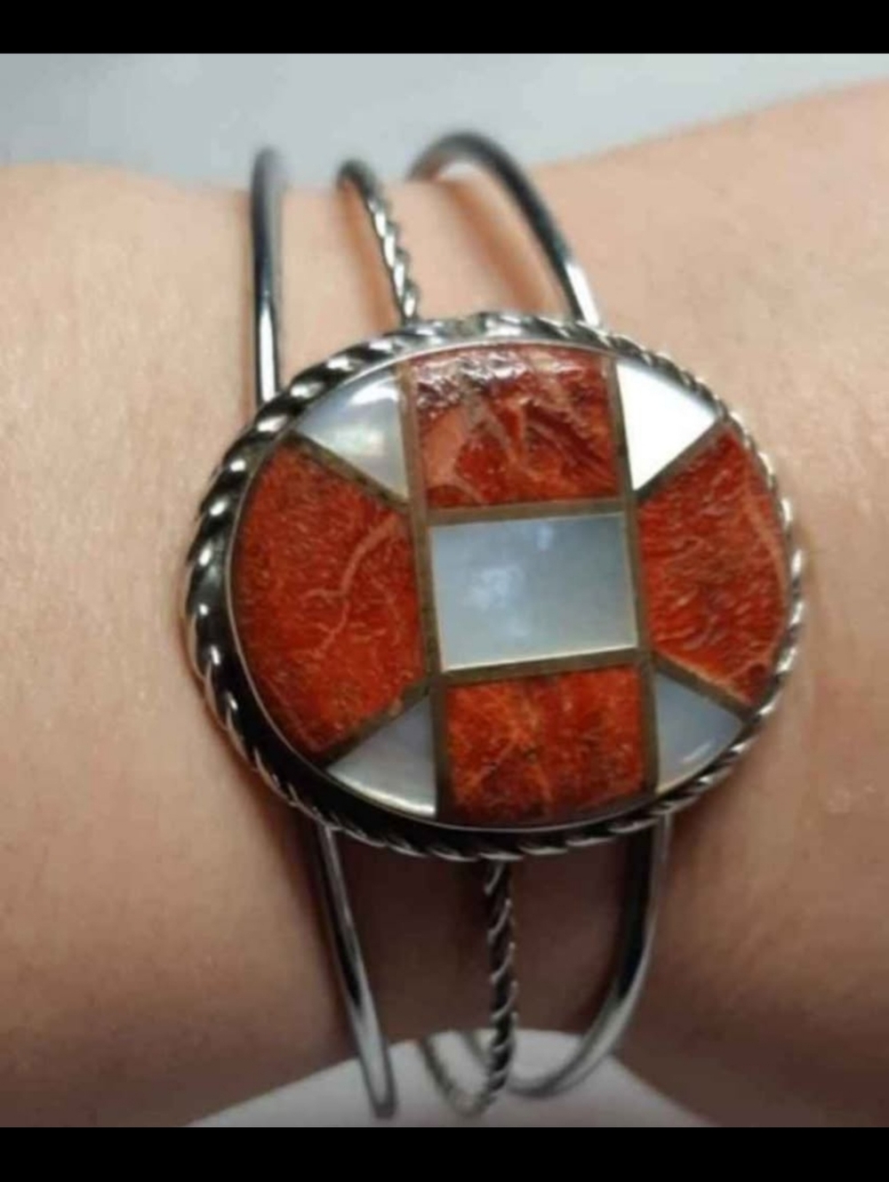 Silver, Coral and Mother of Pearl Cuff Bracelet